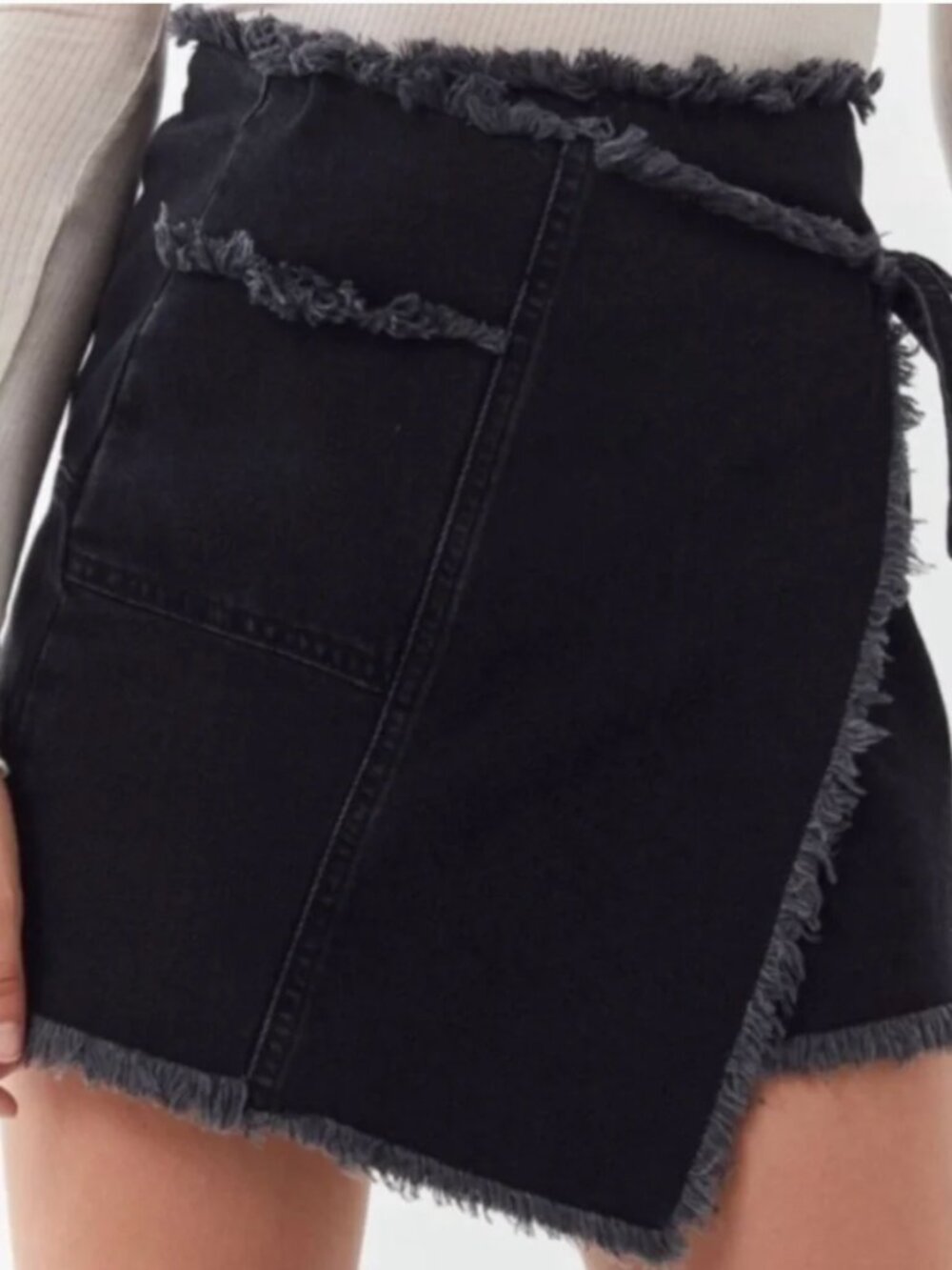 Urban Outfitters BDG Fringe Black Denim Wrap Asymmetric Mini Skirt with tie